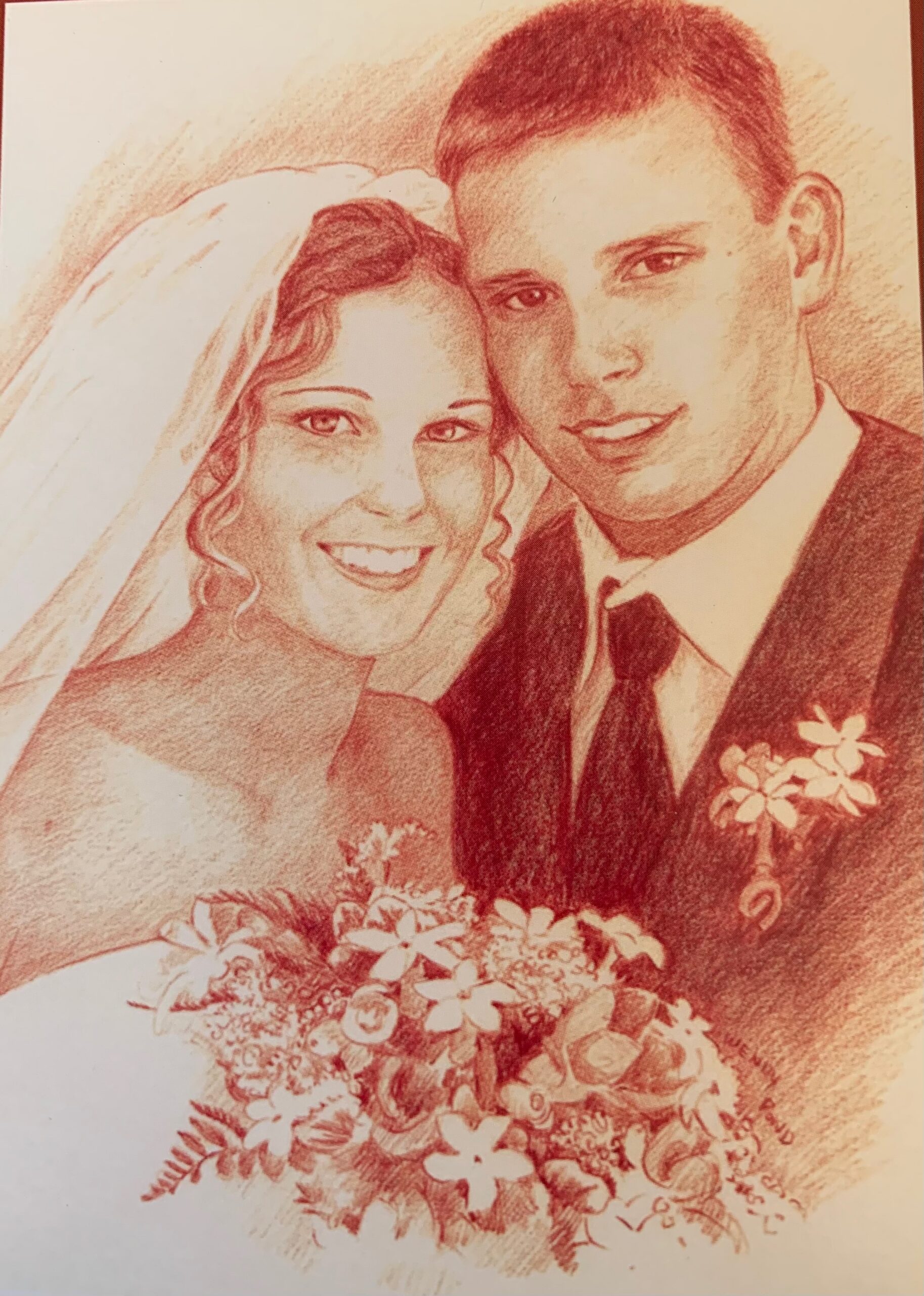 Wedding portrait in terra-cotta colored pencil