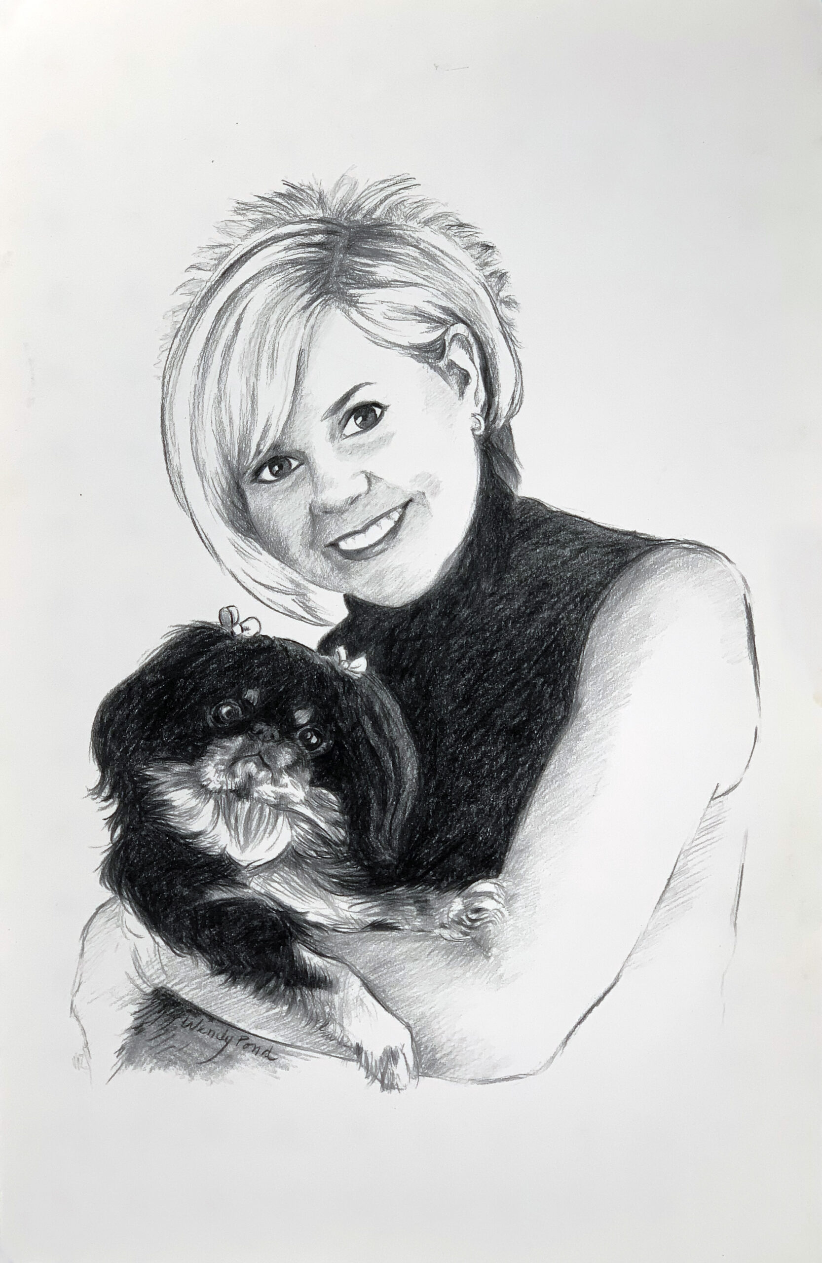 Black and white portrait drawing of Cathy holding Sophie