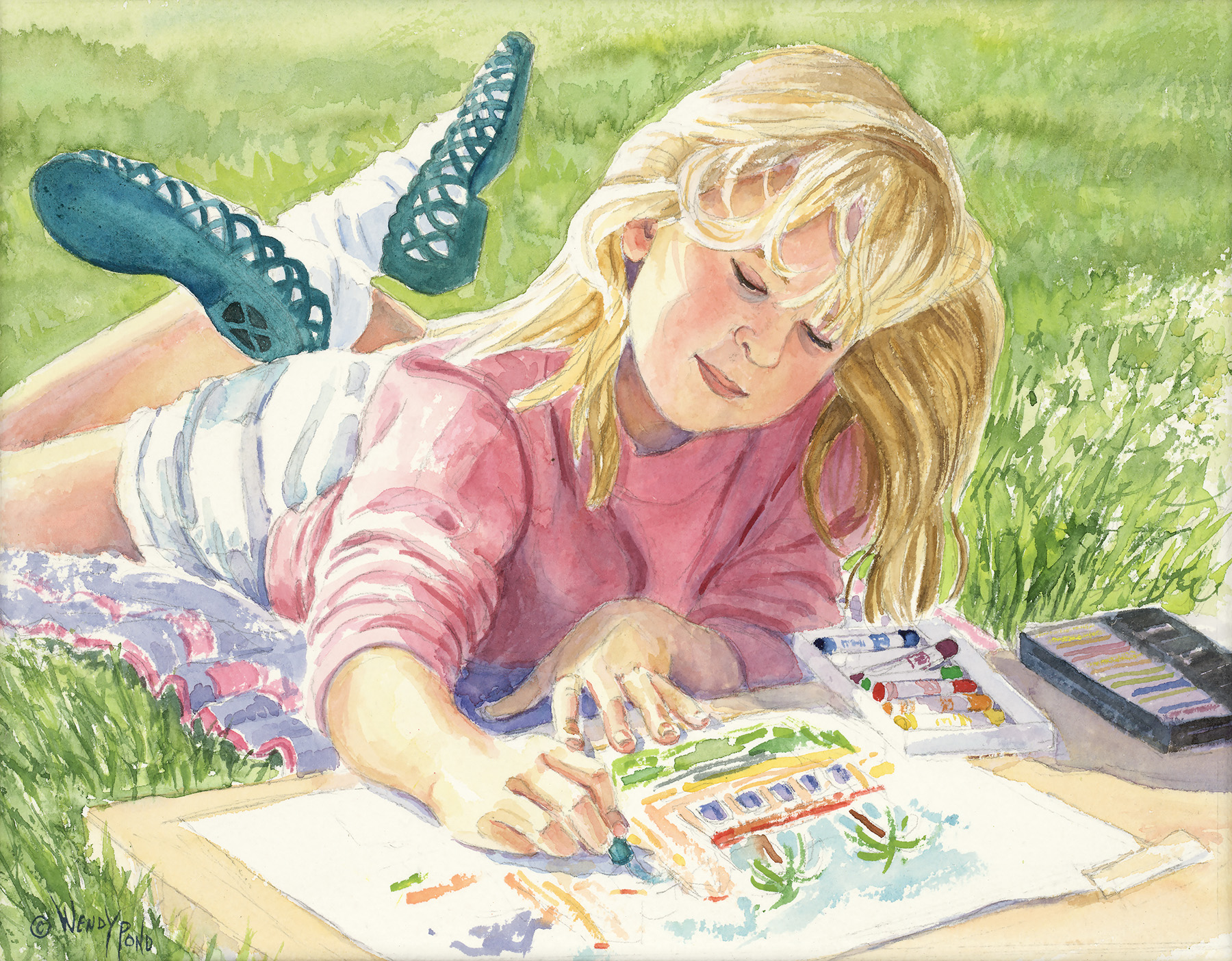 Watercolor portrait of a young artist painting outdoors