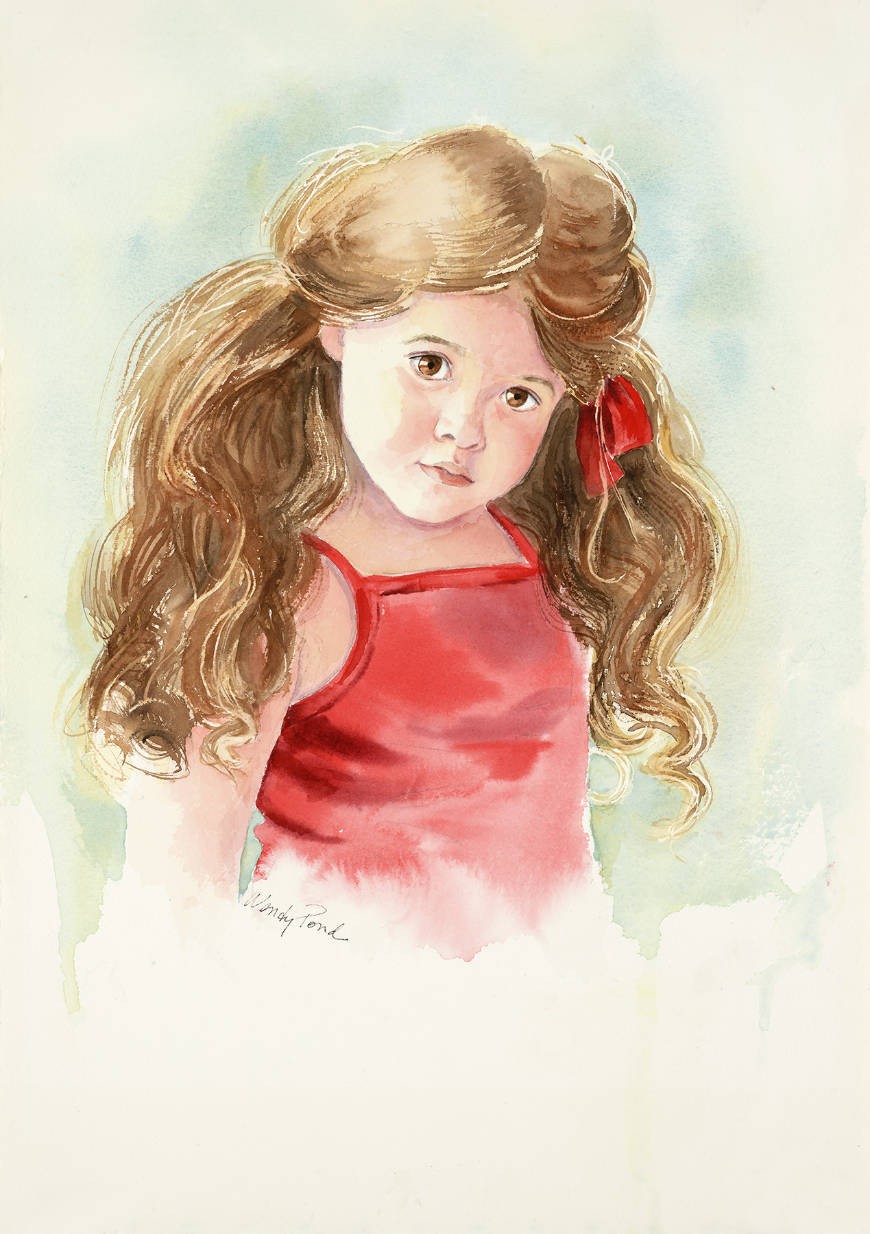 Watercolor portrait of a young girl wearing red