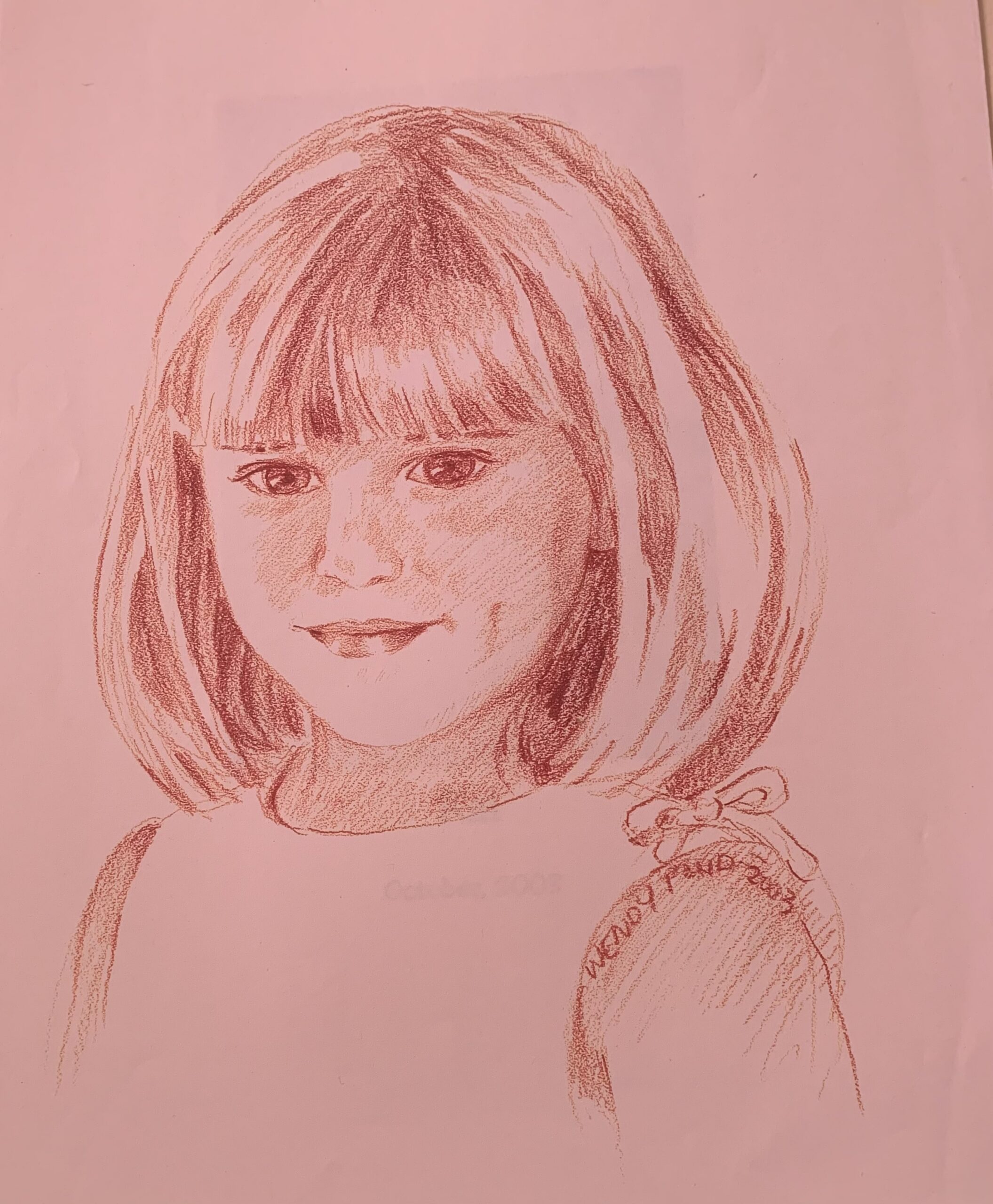 Finished terra-cotta colored-pencil portrait of the same young girl